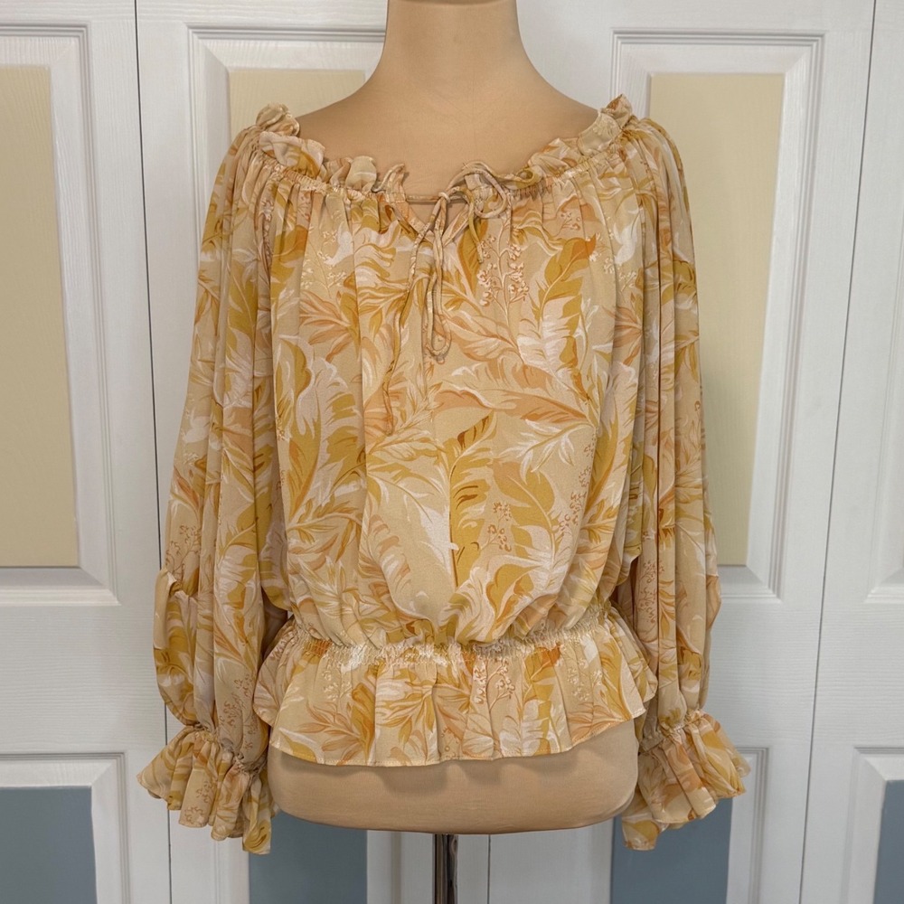 Vici Womens Yellow Tropical Leaf Chiffon Peplum Blouse FT6074 Large Off Shoulder